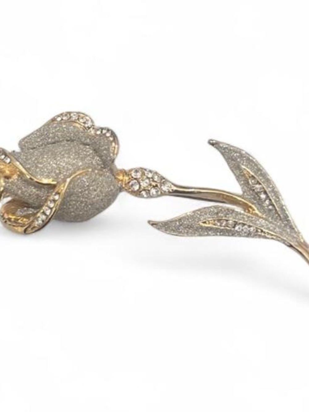 Vintage Gold Tone & Silver Rose Brooch Rhinestone Floral Pin Long Stem - 2"